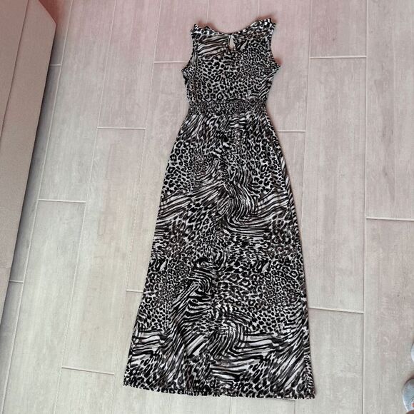 Faded Glory Maxi Dress Sleeveless V Neck Animal Print 4-6 Black White Pullover - Picture 3 of 7
